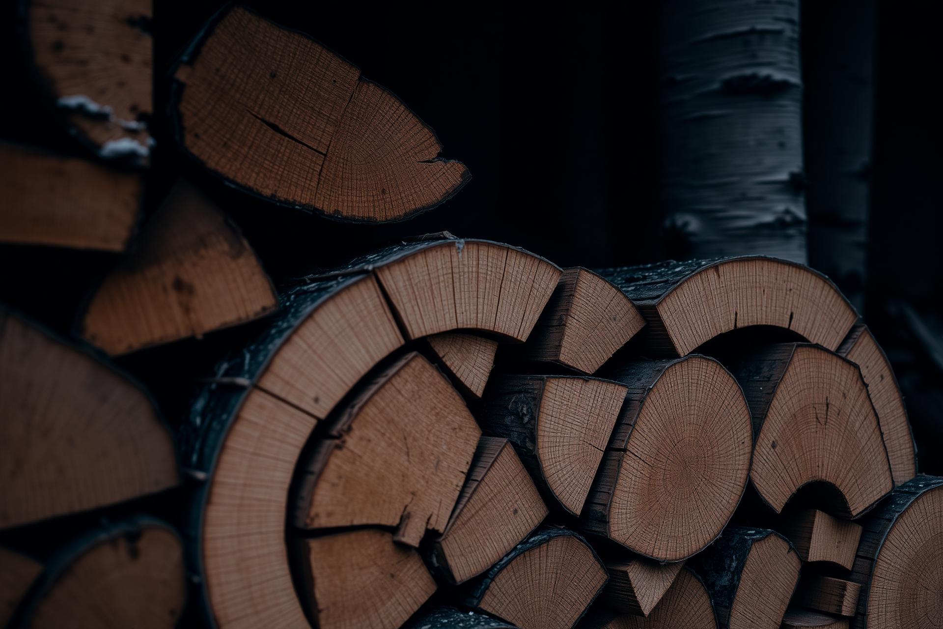 Stacked silver birch firewood in Scottish Highland light